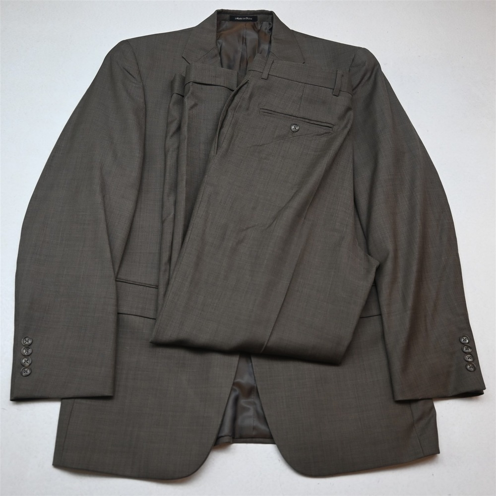 Vty Y2K 2000s Boxy 38R 32x30 Brown Sharkskin 100% Wool Mens Jacket Pants Suit